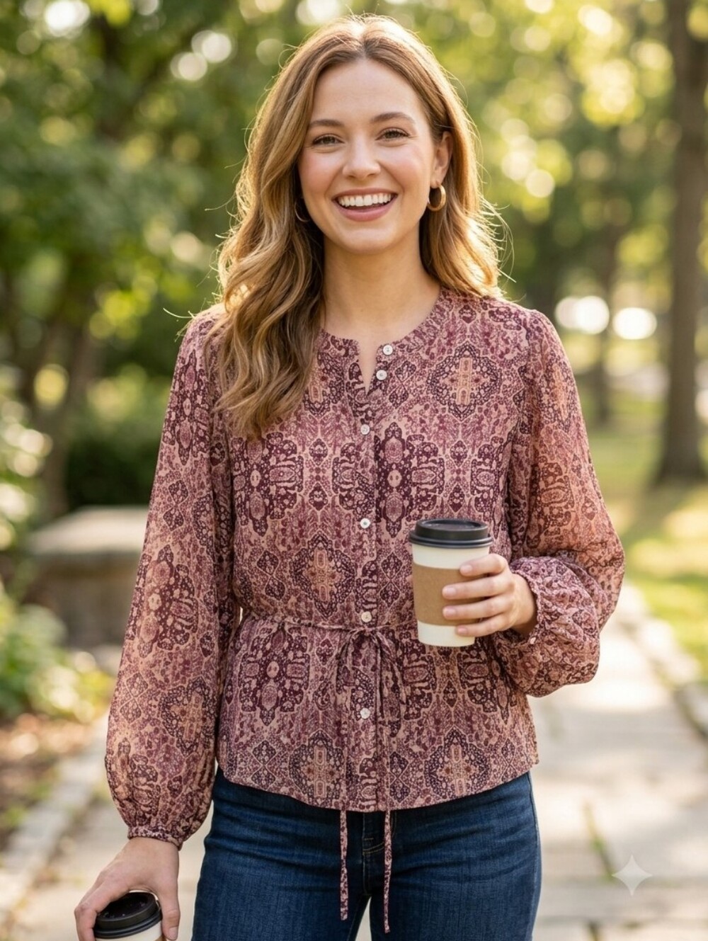 Madewell Boho Paisley Button-Down Drawstring Waist Blouse Size Small
